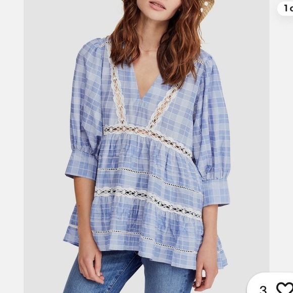 Free People Time Out Lace Blue Plaid 3/4 Sleeve Oversized Tunic size XL - Picture 1 of 8